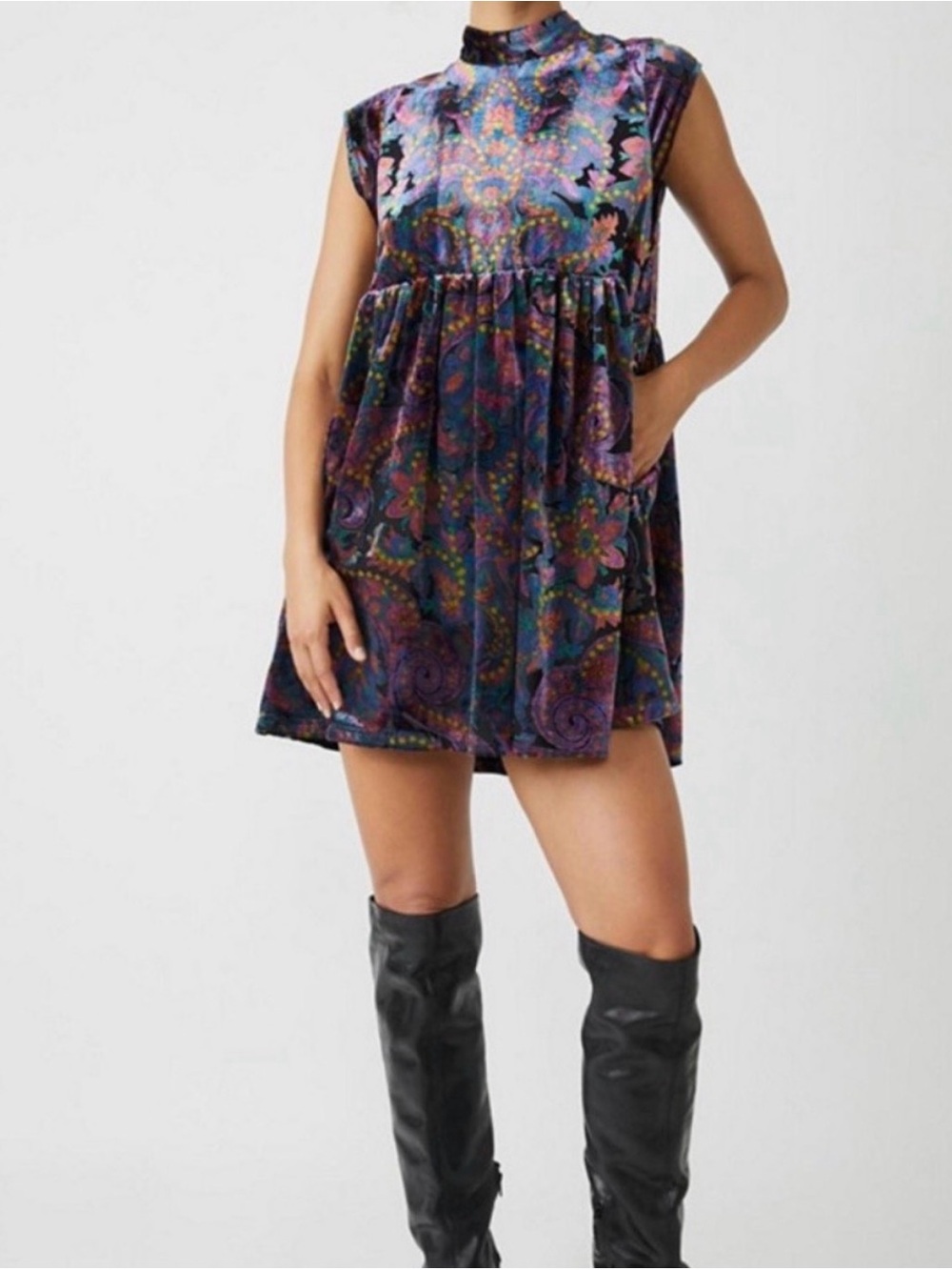Free People Velvet Babydoll Dress in Multi Jewel Tones